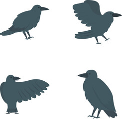 Raven icons set cartoon vector. Cute cartoon black raven. Bird, animal