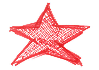 Grunge scribble symbol red star, red marker isolated on white background	