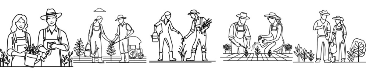 vector set of continuous line drawings of farmers
