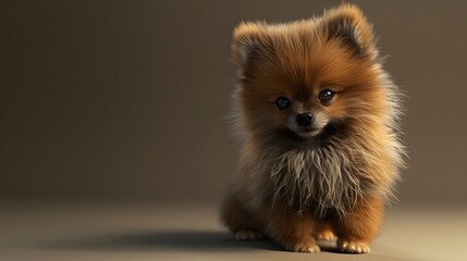 Obraz premium Beautiful playful Spitz puppy lies on a brown background with copy space. Looking at the camera.