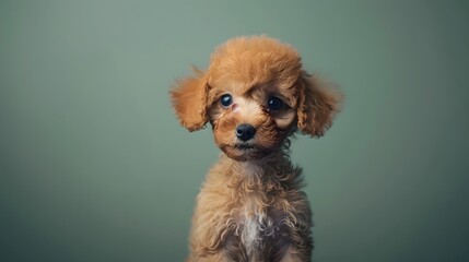 Beautiful playful Toy Poodle puppy sitting on a plain background with copy space. Looking at the camera.