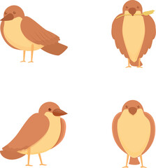 Brown sparrow icons set cartoon vector. Cute cheerful sparrow. Little bird