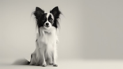 Fototapeta premium Beautiful playful Papillon dog sitting on a plain background, looking at the camera.