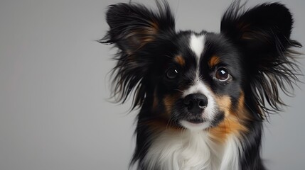 Beautiful portrait of playful Papillon dog on a plain background, looking at the camera.