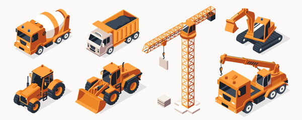 Collection of isometric construction equipment isolated on white. Heavy equipment - tower crane, excavator, bulldozer, tipper, tractor, concrete mixer truck, mobile crane. Vector illustration.