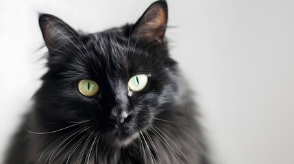 Obraz premium Beautiful purebred black cat with green eyes isolated on a white background. Looking at the camera.