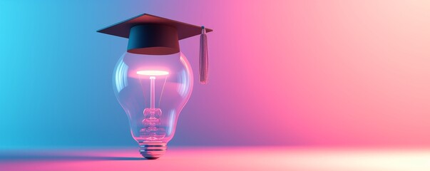 Light bulb with graduation cap on pink and blue background. Education and innovation concept