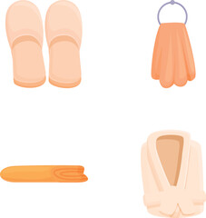 Bathroom accessory icons set cartoon vector. Bathroom textile item. Bath supplies