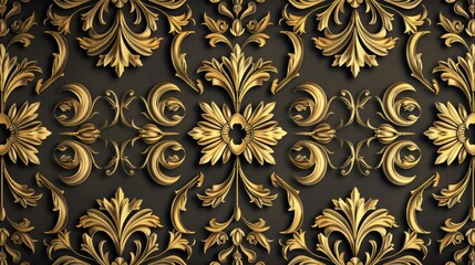 Repeating Damask pattern with antique gold design on black background Floral ornament in baroque style