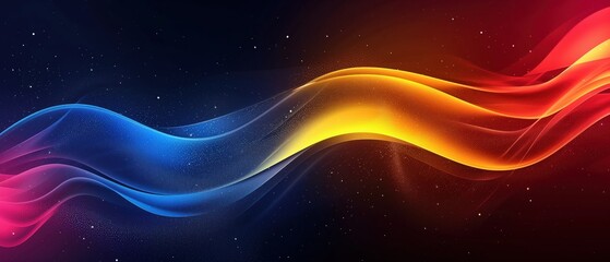 Grainy gradient background blue red yellow abstract glowing color wave black backdrop, noise texture banner poster header design 