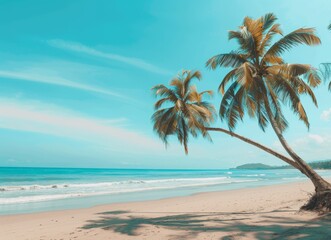 Naklejka premium Beautiful summer beach with palm trees and a blue sky background, a nature landscape banner for vacation or travel concept.