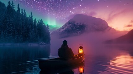 Man boating in lake with snow mountains and beautiful aurora northern lights in night sky in winter.