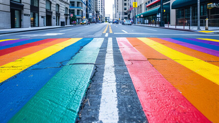 Low angle view of colorful gay pride flag painted onto a pedestrian road crossing in a city