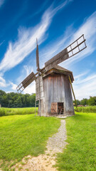 Amazing summer view of traditional romanian windmill.