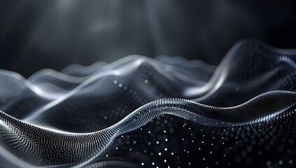 Abstract background with white dots and waves on black, 3D rendering of glowing abstract landscape
