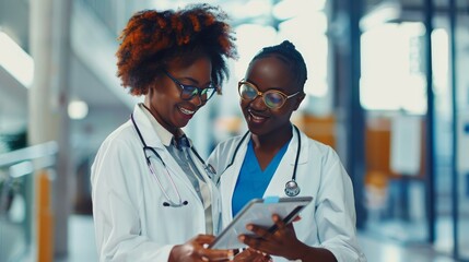 Tablet, black women or doctors planning surgery in conversation about medical news or tests results in hospital. Teamwork, happy people or African nurses speaking of healthcare report or web research