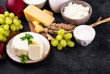 Judaic holiday Shavuot concept. Tzfat cheese and dairy products
