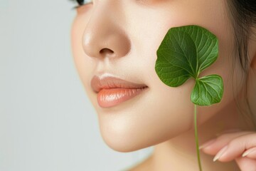Centella asiatica leaves on a Korean woman's face on a white background close-up, banner for a Korean cosmetic product