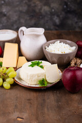 Judaic holiday Shavuot concept. Tzfat cheese and dairy products