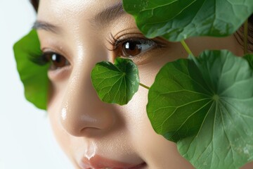 Centella asiatica leaves on a Korean woman's face on a white background close-up, banner for a Korean cosmetic product