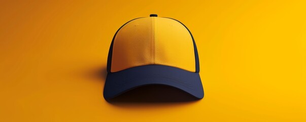 Yellow and navy baseball cap on yellow background, minimalistic design. Fashion and style concept