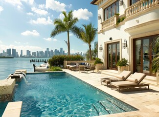 Fototapeta premium Beautiful view of the Miami city skyline from the pool and back patio area of an opulent house in the Renaissance style with white walls