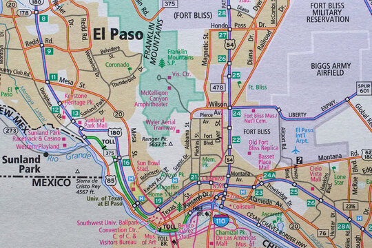 Road map of El Paso, Texas area at the Mexico border