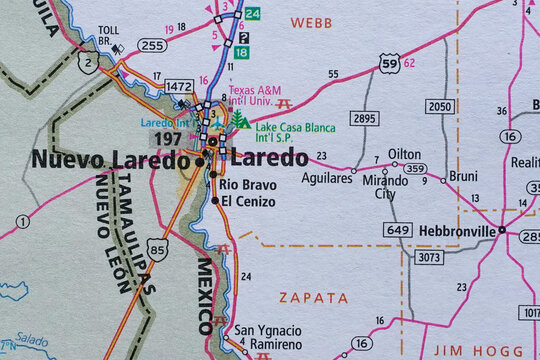 Map of the Texas border with Mexico at Laredo and Nuevo Laredo
