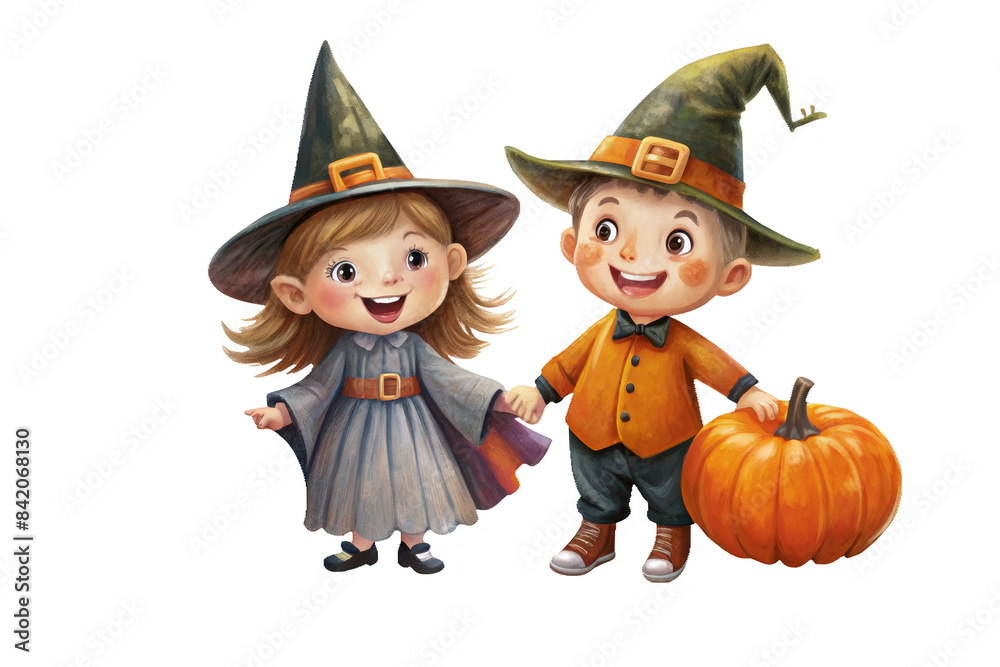 Canvas Prints Two kids in witch costumes with pumpkin - Illustration of two children in Halloween witch costumes, one holding a pumpkin, wearing hats