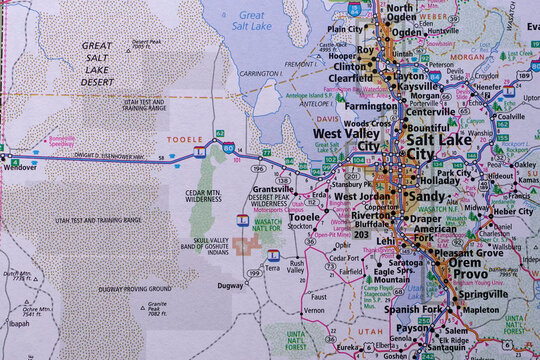 Map of the Salt Lake City area of Utah, featuring the Great Salt Lake and the Great Salt Lake Desert.