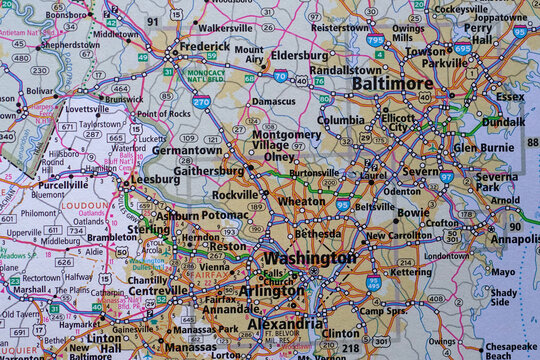 Road map of Maryland showing the area between Baltimore and Washington, DC