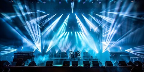 Concert stage with dynamic spotlights lasers and atmospheric smoke for dramatic effect. Concept Concert Stage Design, Dynamic Lighting, Laser Effects, Atmospheric Smoke, Dramatic Atmosphere