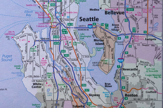 Road map of the Seattle metro area, including Bellevue, Washington.