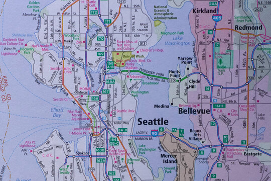 Road map of the Seattle metro area, including Bellevue, Washington.