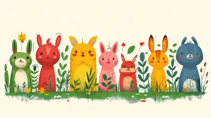 Obraz premium Whimsical Cartoon Rabbits Amidst Vibrant Flowers and Foliage - Perfect for Children’s Illustrations, Easter Themes, and More