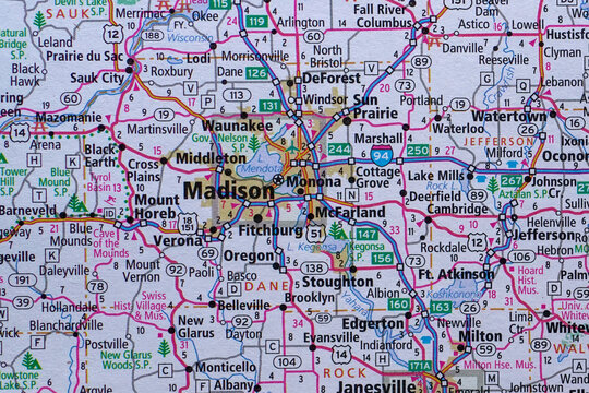 Road atlas map showing the Madison, Wisconsin area.