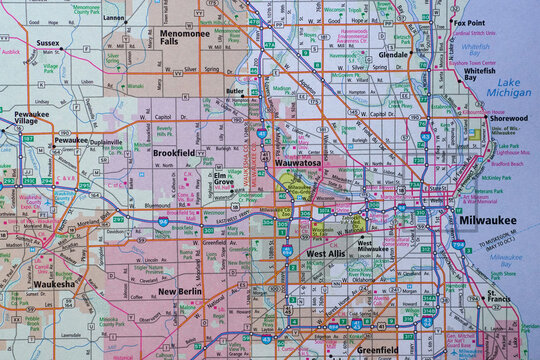 Road map of the greater Milwaukee, Wisconsin area and surrounding suburbs.