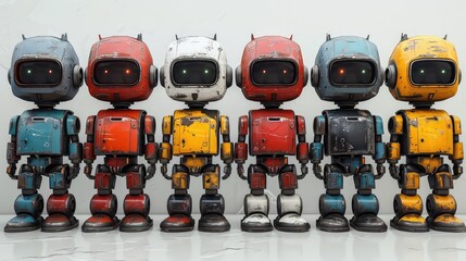 Fototapeta premium Unique Collection of Pixelated Robots, Vibrant Digital Artwork Illustrating Futuristic Technology - 200 Characters