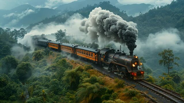Vintage steam locomotive chugging along a scenic railway, evoking nostalgia for train travel.