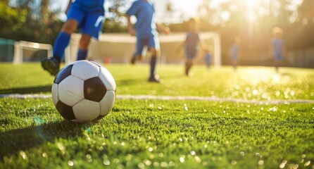 Fototapeta premium Close up of a young boy soccer player kicking a ball on a green field with a blurred team.