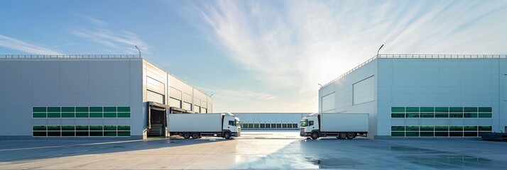 A modern distribution center features delivery trucks, logistics, and transportation services. It includes loading docks and a warehouse, acting as a central hub for logistics operations