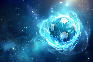 Naklejka premium Soccer ball on the dark background with neon glowing effect. Soccer ball glowing with energy. Soccer Championship banner with copy space. 