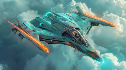 futuristic air space fighter jet, military fiction aircraft taking combat, fantastic army jet, sci-fi cosmos wars concept