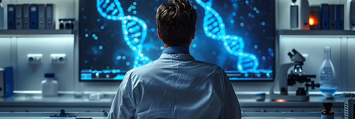 Obraz premium Elegant Lab Scientist in Modern Blue & Grey Setting - High Res Stock Photo