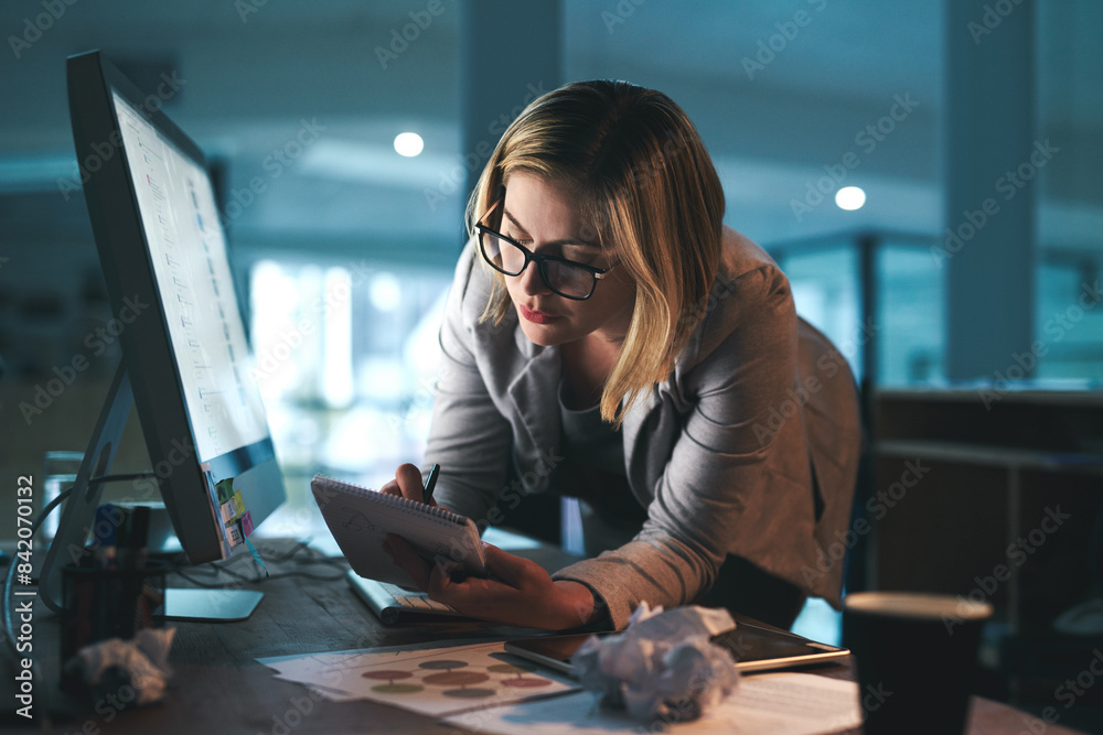 Poster Lawyer, night and woman with tablet, computer and deadline for legal project, brainstorming and research. Office, consultant and employee with pc, technology and paperwork for idea or case notes