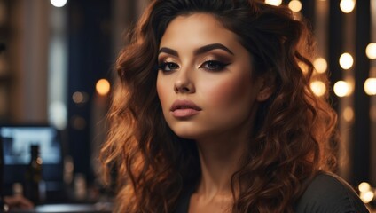 Fototapeta premium Woman Engrossed in Live Makeup Tutorial on Social Media via Flat.
