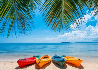 Colorful kayaks on the beach in Thailand, a tropical island with palm trees and a clear blue sky background.