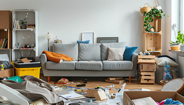 Sofa with shelving unit and drawers in messy dining room