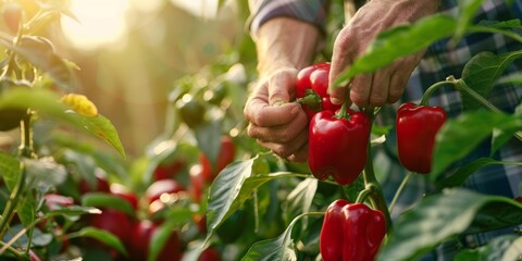Farmer harvesting ripe red bell peppers from bush in sunny garden. - Powered by Adobe
