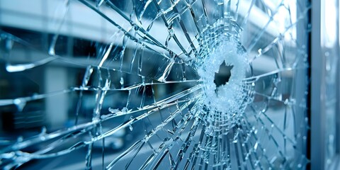 Closeup of shattered glass on an office window due to vandalism or accident. Concept Glass Damage, Vandalism, Safety Hazard, Office Incident